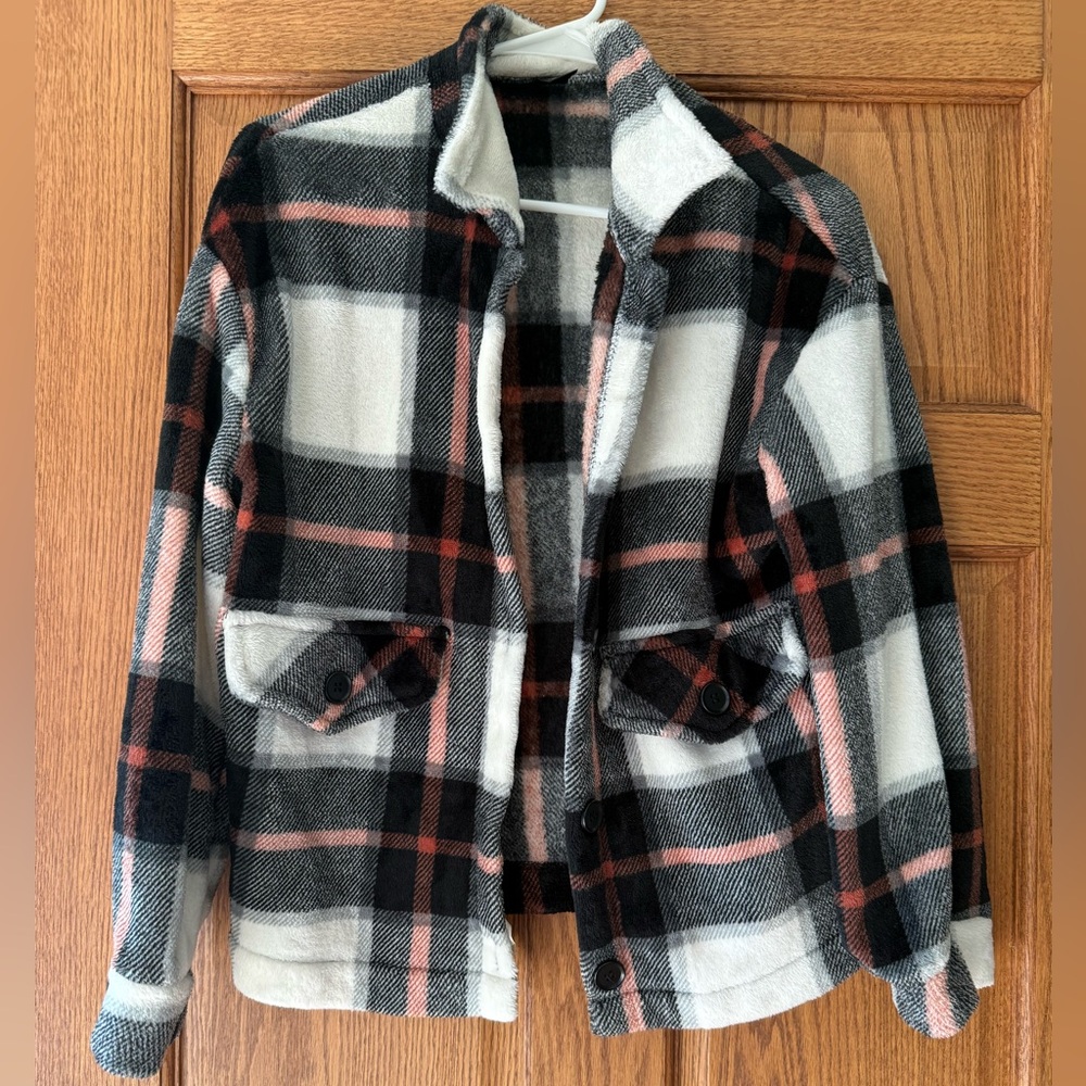 SHEIN Fluffy Plaid Jacket - Black, White, Pink